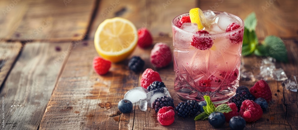 Poster A cocktail with ice berries and lemon placed on a wooden surface with a focused composition offering ample copy space image