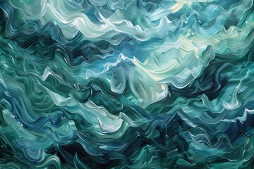 Obraz premium Swirling waves of muted blues and greens, Abstract painting showcasing a blend of blue, yellow, and green colors resembling waves, AI generated