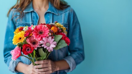  A woman in a denim jacket holds a vibrant bouquet of gerberas and daisies against a blue backdrop