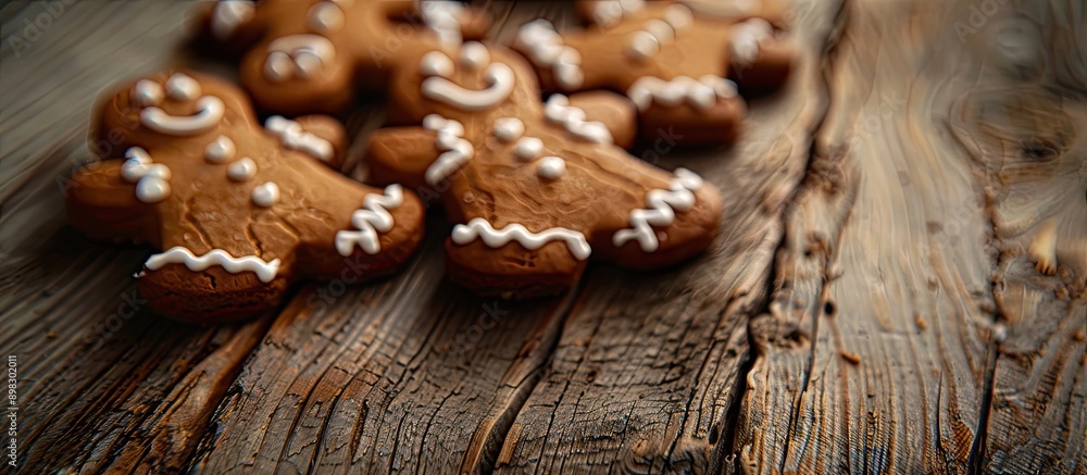 Aufkleber image of christmas gingerbread cookies on a wooden table with vignetting effect and space for text o