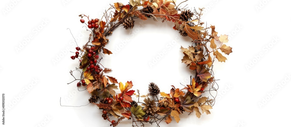 Poster circular autumn wreath made of dried leaves twigs rose hips and pine cones on a white background por