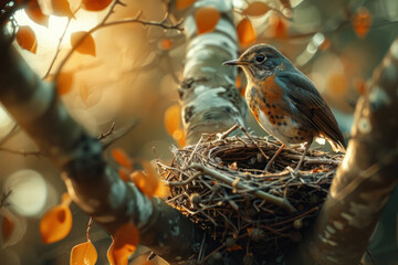 bird builds a nest on a tree