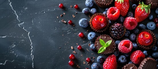 Chocolate and fruit desserts arranged attractively on a black textured backdrop providing ample copy space image
