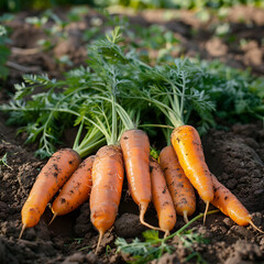 Bunch of fresh carrots growing in the garden. Selective focus. nature.