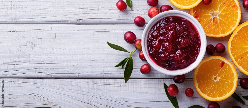 Leinwandbilder a composition of cranberry sauce and orange arranged on a white wooden table with room for text arou