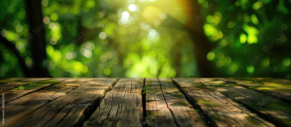 Poster blurred green backdrop adds bokeh effect to wooden surface with copy space image