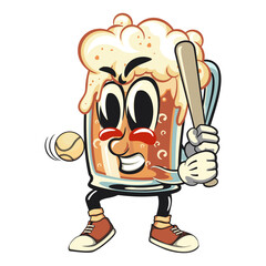 beer cartoon character retro design playing baseball ready to hit the ball with the bat, work of hand drawn