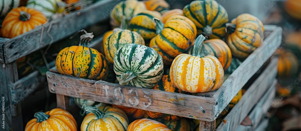 Aufkleber close up of mini striped pumpkin gourds in a wooden crate at the farm in autumn with copy space imag