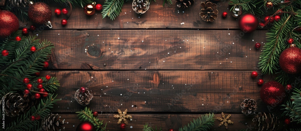Aufkleber top view of a christmas themed wooden background with ample copy space image