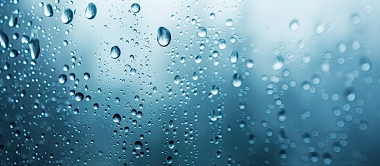 Close up macro of condensation drops on clear glass set against a foggy background with steam producing a distinctive condenser in the copy space image