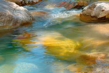 Abstract reflections in water showing a blend of orange, pink, green, and blue colors creating a vibrant, rippling pattern, Detailed view of colorful water texture, AI generated