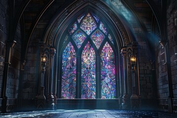 Obraz premium Gothic Stained Glass frame made of dark, intricate stained glass designs with pointed arches. 