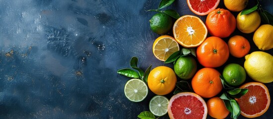 Citrus fruits like tangerines lemons limes oranges and grapefruits arranged on a dark table with space for text in the image. Creative banner. Copyspace image