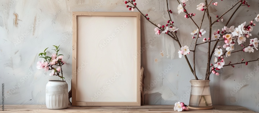 Poster There is a blank frame on the table with a floral arrangement adding to the decor creating a delightful copy space image