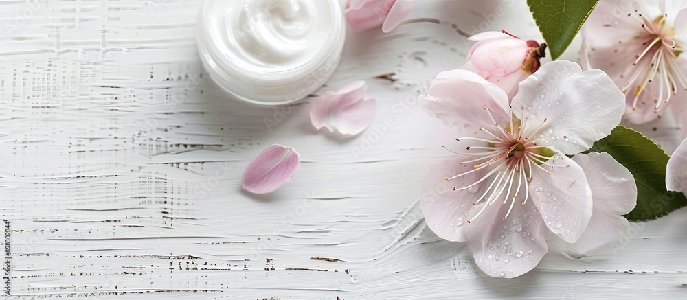 Poster a cosmetic cream displayed on a white wood table with a delicate pink flower and ample copy space im