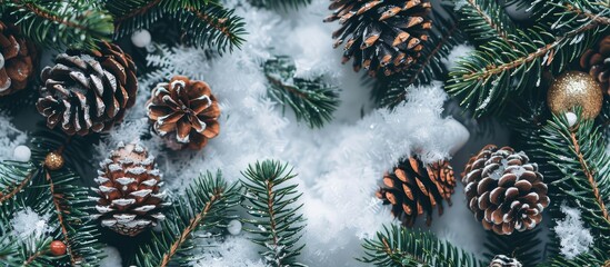 Top down view of a Christmas tree adorned with pine cones and twigs covered in snow providing an ideal copy space image