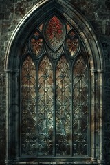 Gothic Stained Glass frame made of dark, intricate stained glass designs with pointed arches. 