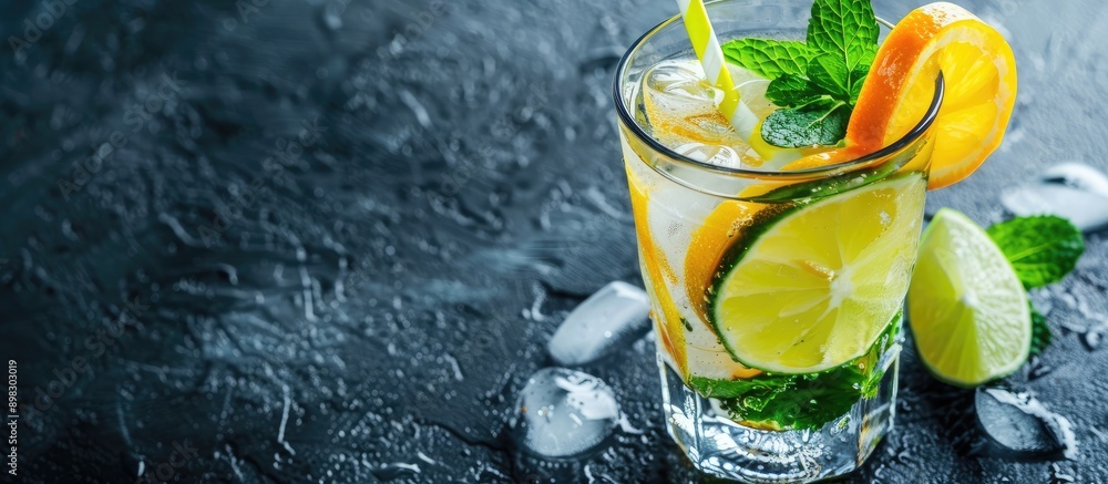 Aufkleber Close up view of a refreshing mocktail in a citrus glass with ice straw lime and mint on a dark table with copy space image