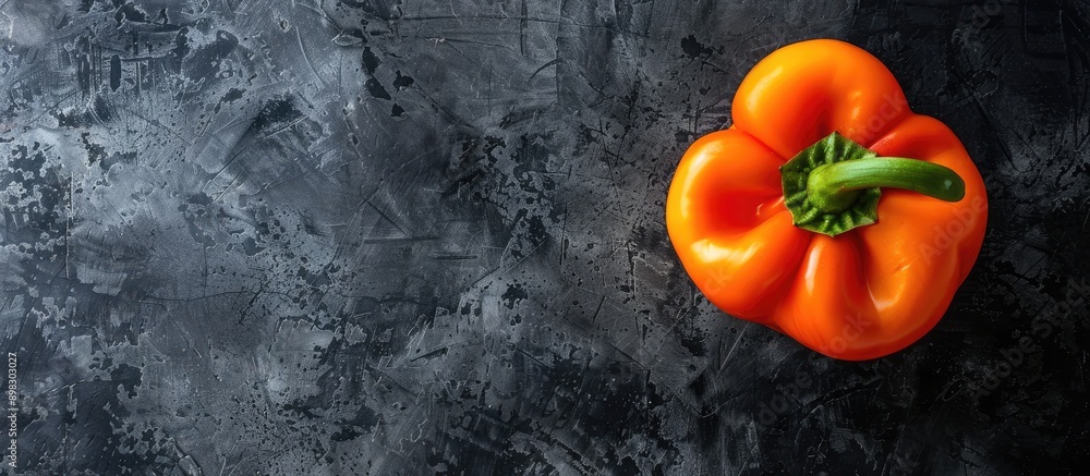 Poster top down view of an orange bell pepper on a dark backdrop with space for text in the image. creative
