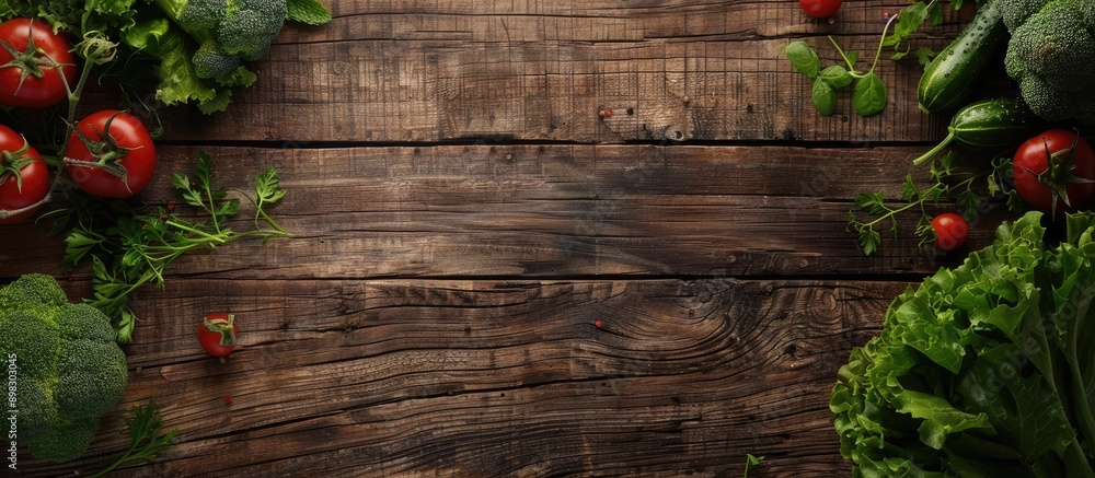 Poster aerial view of fresh vegetables on a rustic wooden backdrop symbolizing a wholesome vegetarian diet 