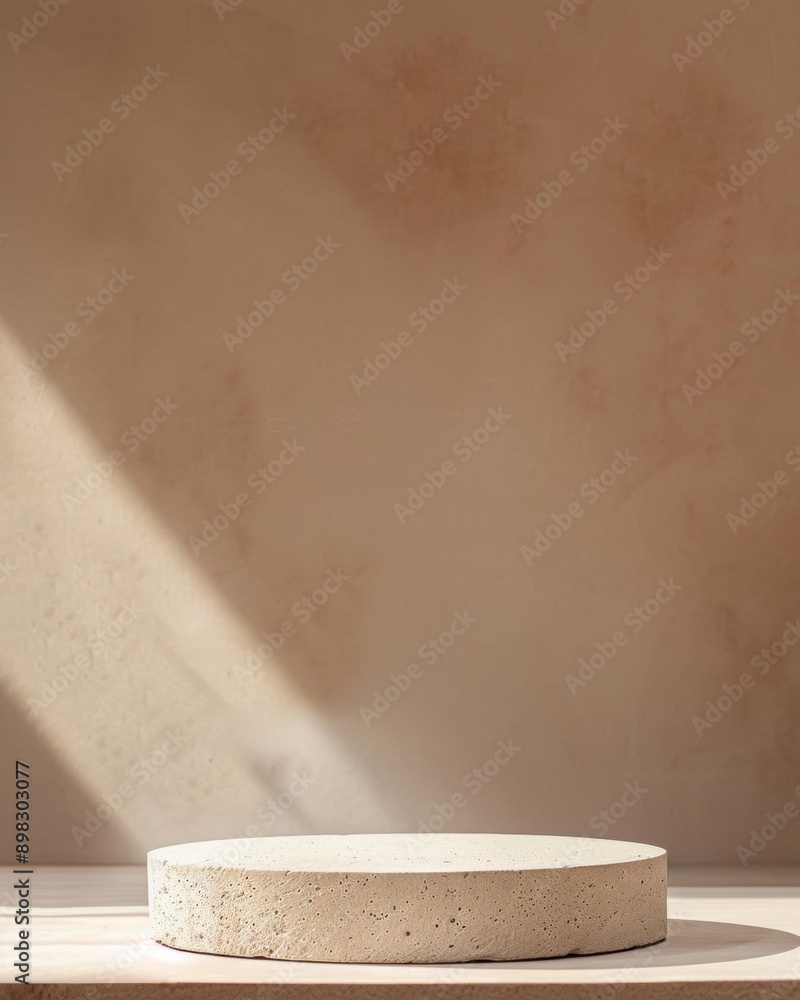 Poster minimalist ceramic podium mockup on terracotta background with soft glow and diffused lighting highl