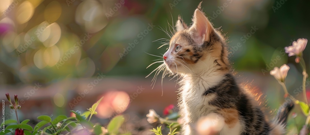 Poster a calico kitten gazing at something in the garden in a picturesque copy space image