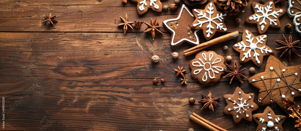 Aufkleber Christmas themed cookies are elegantly arranged with spices on a wooden table creating a cozy and festive scene with copy space image