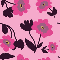 Vector floral seamless pattern. Purple and pink flowers isolated on apink background. Illustration with floral elements for wallpapers, fabrics, layouts and so on.