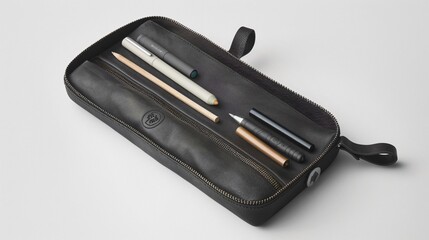 A sleek, minimalist pencil case containing just a few essential writing tools