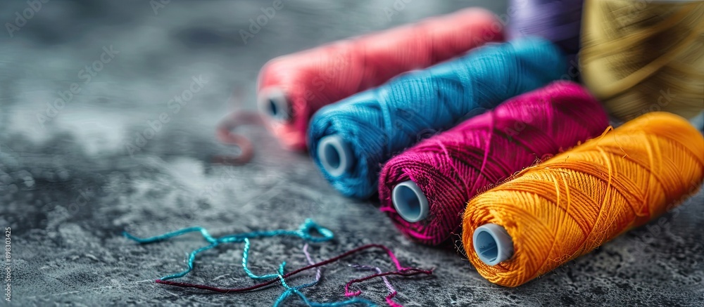 Poster closeup of colorful sewing threads on a grey background with copy space image