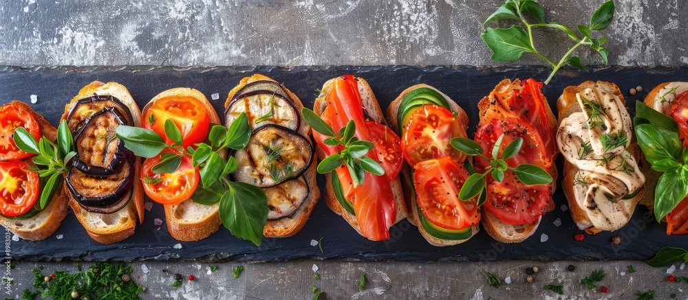Aufkleber a display of healthy open sandwiches featuring salted salmon sun dried tomato grilled aubergine bulg