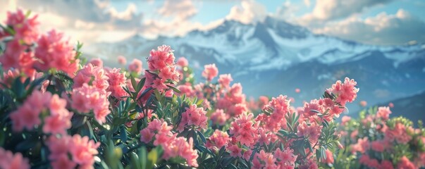 meadow with pink rhododendrons in the mountains
