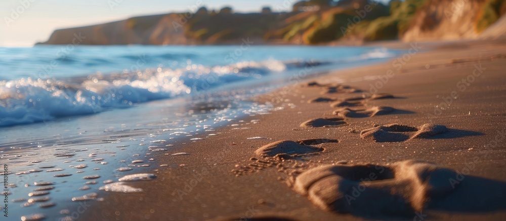 Poster close up of footprints in the sand near the water on a beach with copy space image