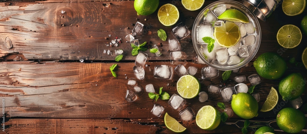Aufkleber A cocktail being made with ice limes in a glass on a wooden table viewed from the top with space available for text or images. Creative banner. Copyspace image