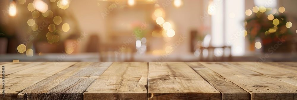 Aufkleber warm ambient light on light brown wooden table surface in cozy rustic dining room with bokeh backgro