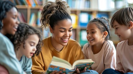 Obraz premium An elementary school reading circle with a teacher reading a book to attentive students