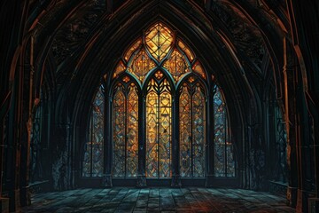 Obraz premium Gothic Stained Glass frame made of dark, intricate stained glass designs with pointed arches. 