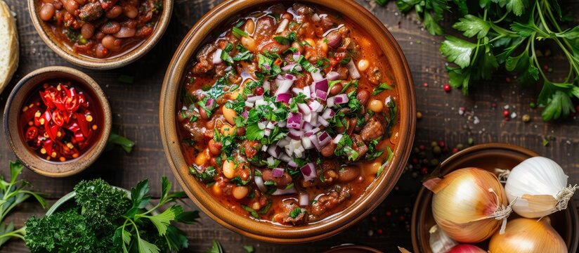 In the center of a round deep ceramic plate rests Lobio a traditional Georgian red bean dish with herbs surrounded by gressini pickled onions and greens all displayed alongside each other with a copy