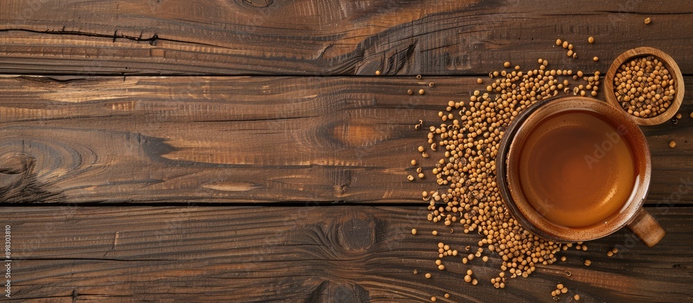 Poster Flat lay of buckwheat tea and granules on a wooden table with space for text beside the image. Creative banner. Copyspace image