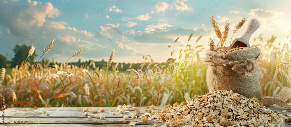 Aufkleber bag of raw oatmeal and a wooden scoop on a table with a ripe cereal field in the background providin