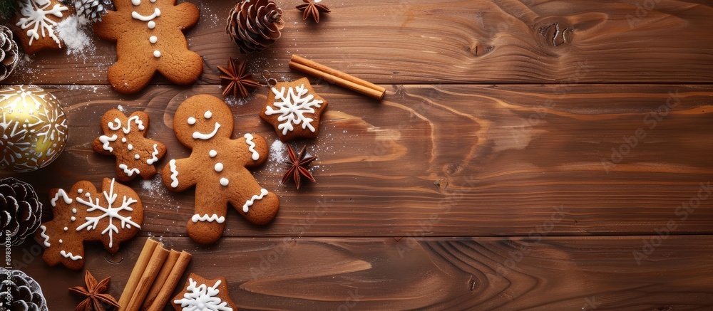 Poster top view of a christmas themed copy space image featuring gingerbread cookies and decorations in the
