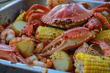 A dish of seafood boil, featuring crab legs, shrimp, corn on the cob, and potatoes, all seasoned with Old Bay.