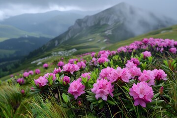 Obraz premium Pink rhododendrons blooming in the misty mountains