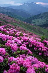 Obraz premium Pink rhododendrons blooming in the misty mountains. Vertical orientation