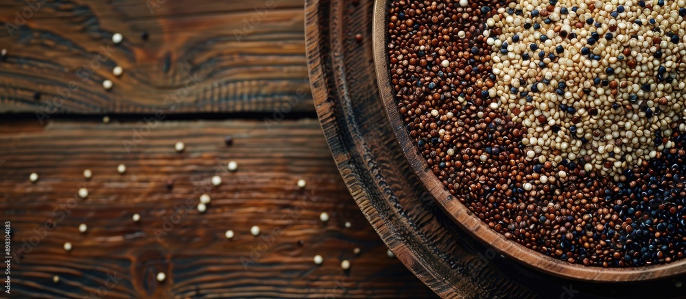 Aufkleber Close up view of a wooden table with a plate featuring assorted quinoa seeds providing ample copy space for additional text in the image