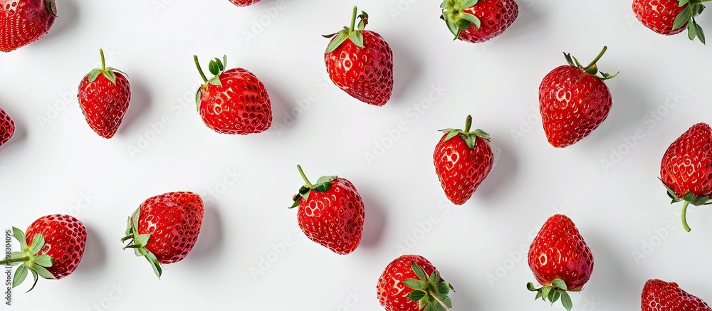 Poster Top down view of a frame constructed with ripe strawberries on a white background offering ample space for additional images