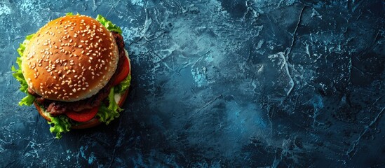 Copy space image featuring delectable and unhealthy fast food a fresh tasty burger with beef vegetables and cheese on a dark blue concrete backdrop in a top down view