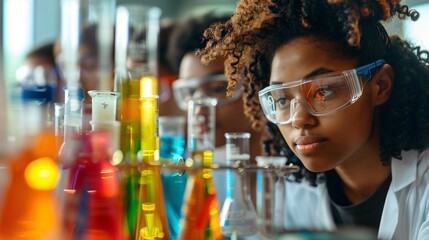 Students in a science lab, wearing goggles and conducting experiments with beakers and test tube