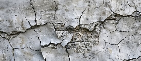 Fototapeta premium Close up texture of an aged gray cement wall featuring cracks and weathering ideal as a background with copy space image