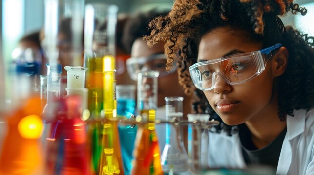 Students in a science lab, wearing goggles and conducting experiments with beakers and test tube - Powered by Adobe
